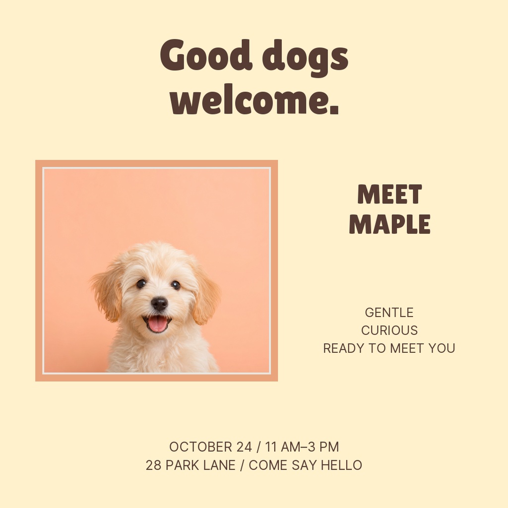 Square post with a puppy photo and text reading Good dogs welcome, Meet Maple, and event details.