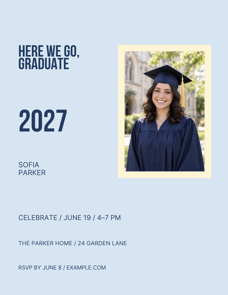 Light blue graduation flyer with a portrait of a smiling graduate in cap and gown.