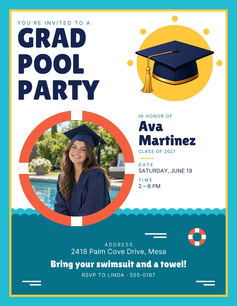 Portrait flyer with graduate photo, pool theme, and bold text for a grad pool party invitation