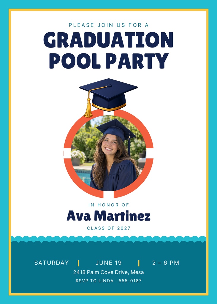 Portrait graduation pool party invitation with navy text, cap graphic, and a circular photo frame.