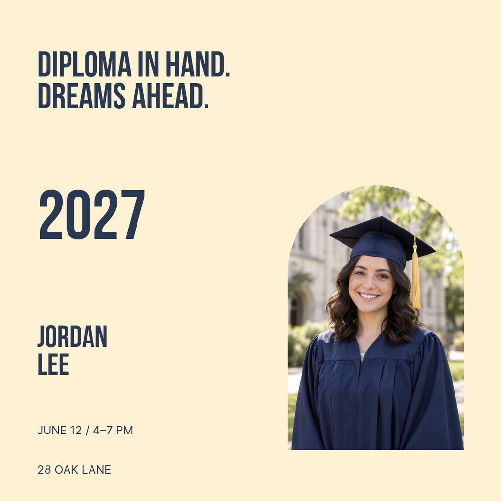 Square graduation post with a graduate portrait, 2027 text, and diploma message.