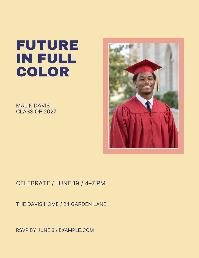 Colorful graduation flyer with a graduate portrait, Class of 2027 text, and event details on a pale background.