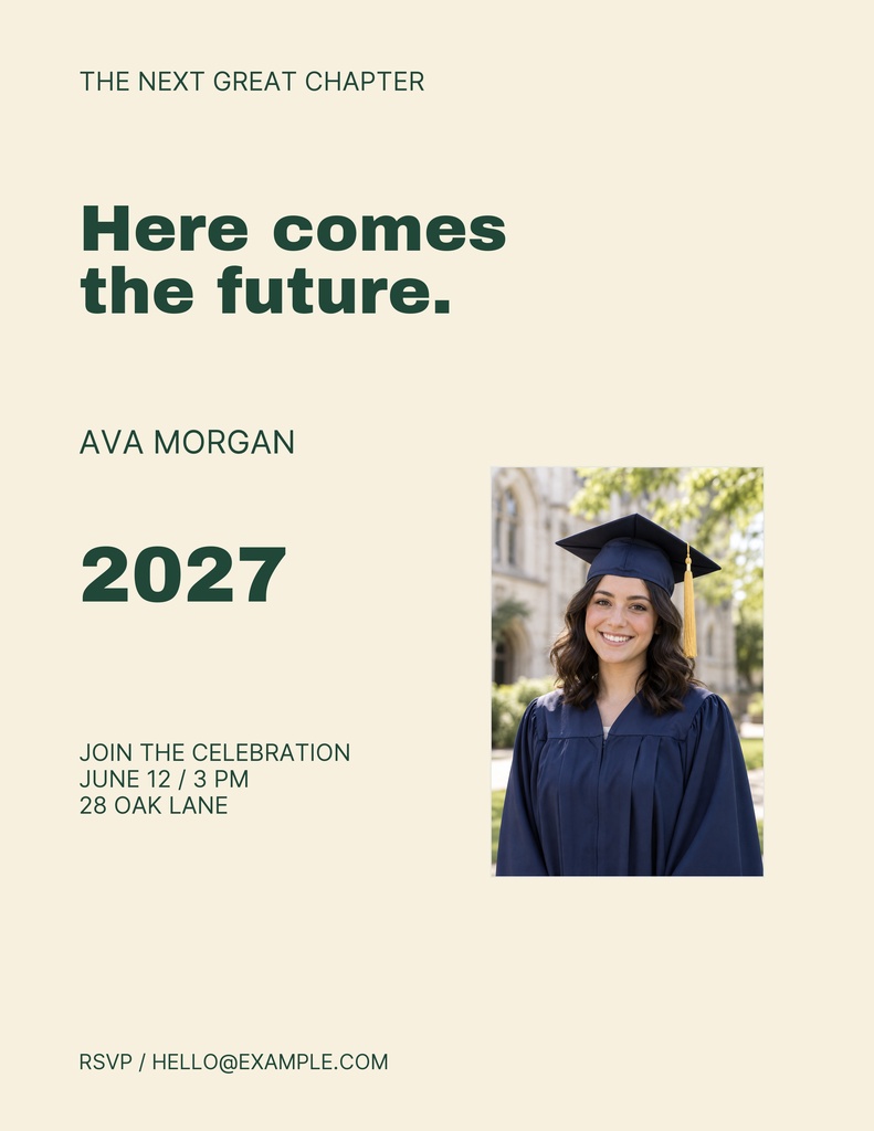 Portrait graduation flyer with a smiling graduate photo, bold 2027 text, and celebration details.