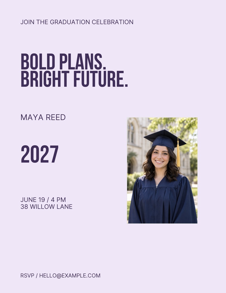 Portrait graduation flyer with bold headline, class of 2027 text, graduate photo, and event details