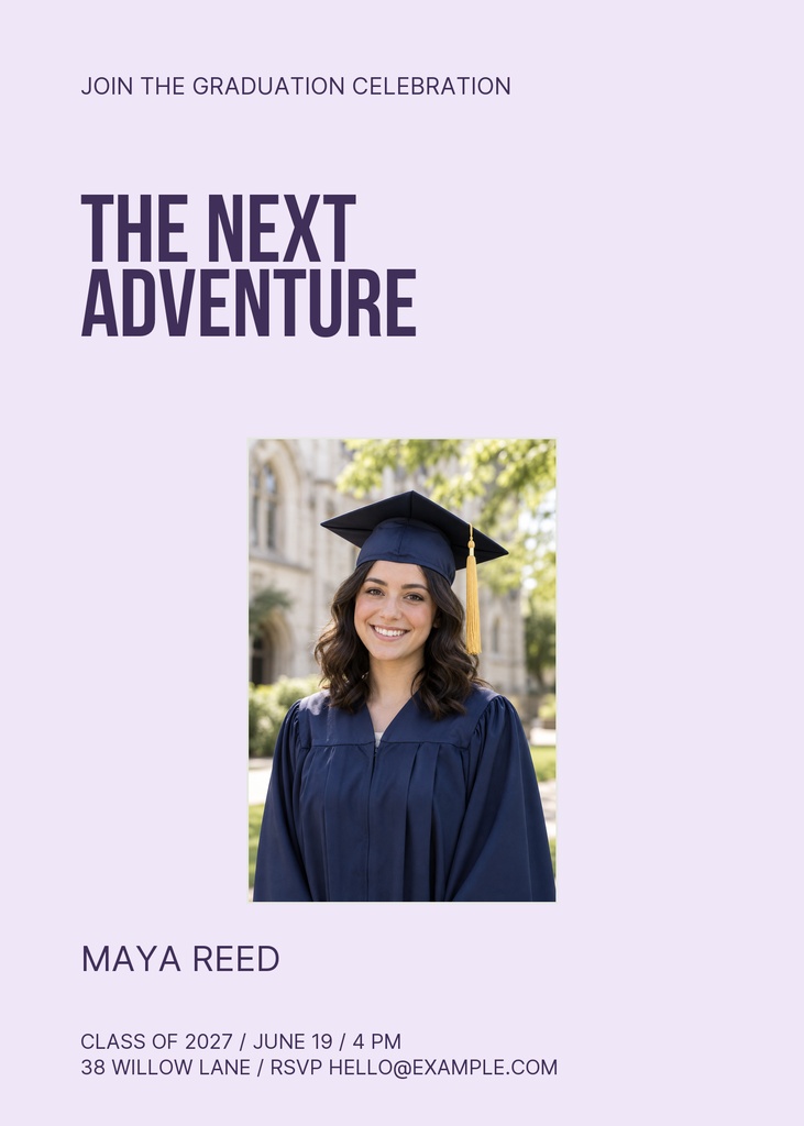 Portrait graduation invitation with a smiling graduate photo and bold 'The Next Adventure' text.
