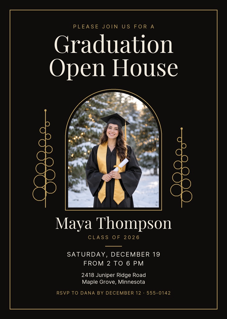 Portrait graduation open house invitation with gold accents, student photo, and black background