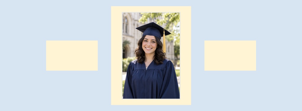 Smiling graduate in cap and gown centered on a light blue landscape cover layout