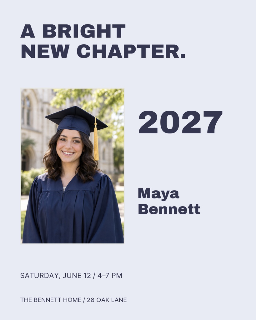 Graduate portrait post with a smiling student, Class of 2027 text, and event details.
