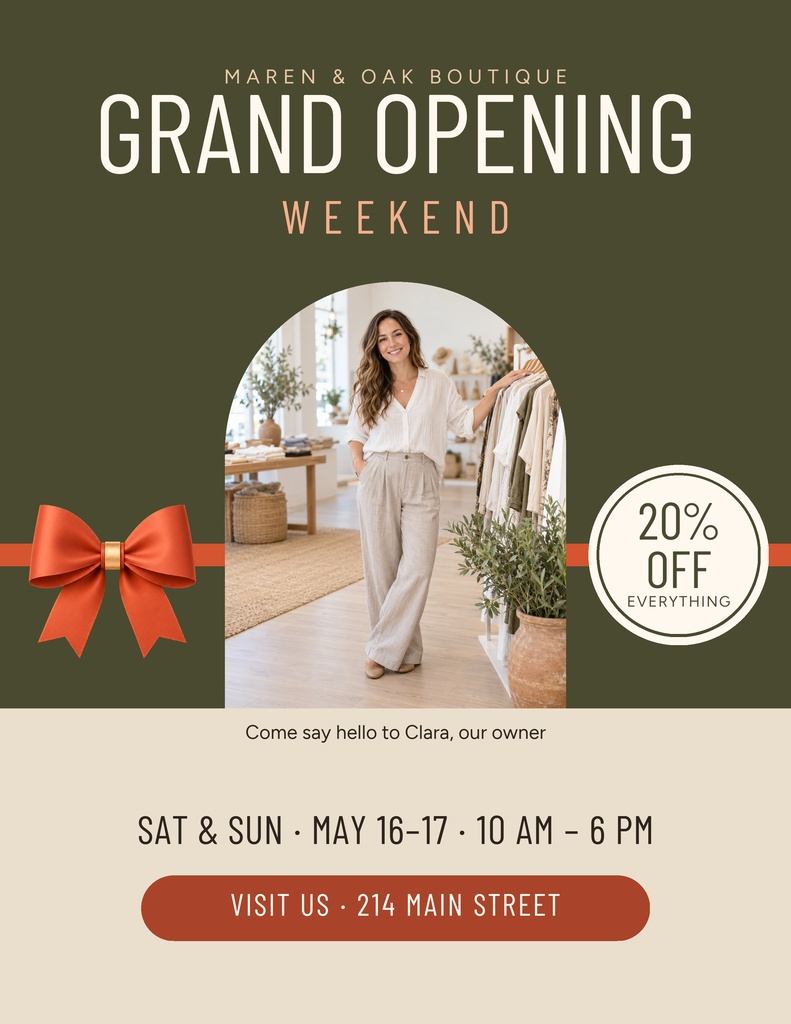 Portrait flyer with grand opening text, boutique photo, ribbon bow, and discount badge