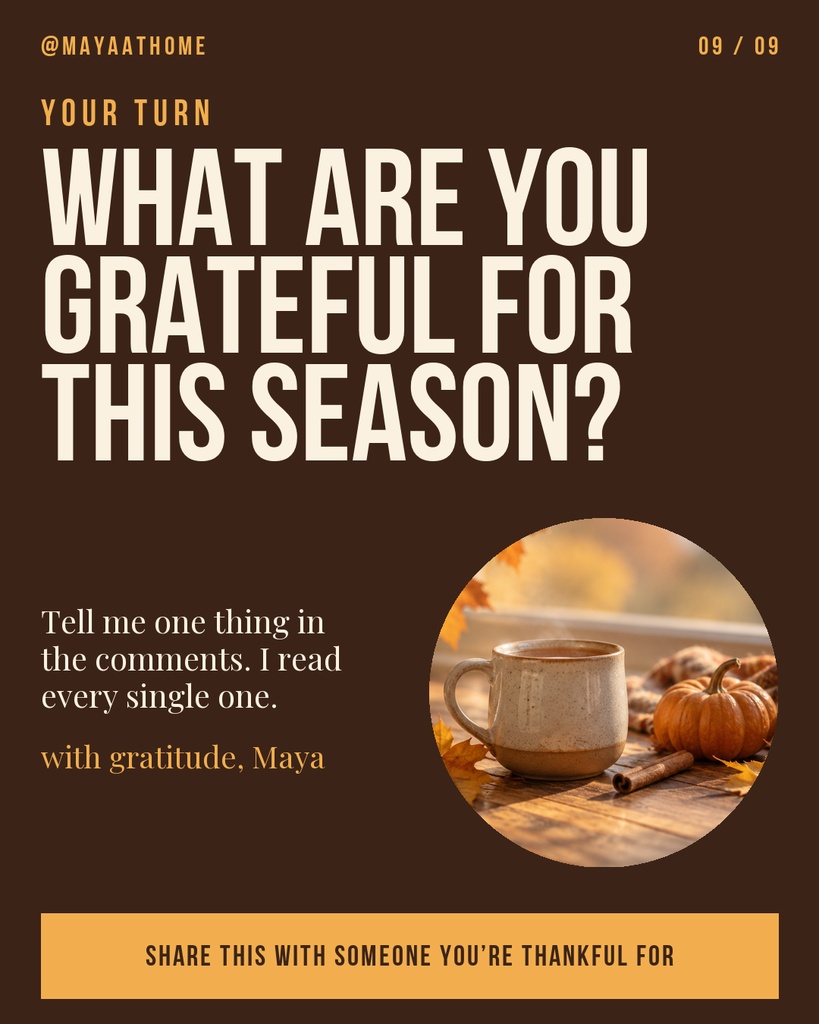 Autumn-themed carousel slide with large gratitude question, warm drink, pumpkins, and call to action text.
