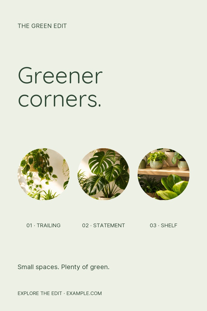 Vertical Pinterest-style design with the text Greener corners and three circular plant photos.