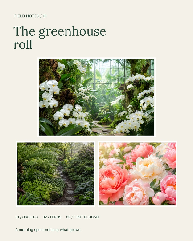 Botanical scrapbook page with greenhouse photos, orchids, ferns, and pink flowers on a portrait layout.