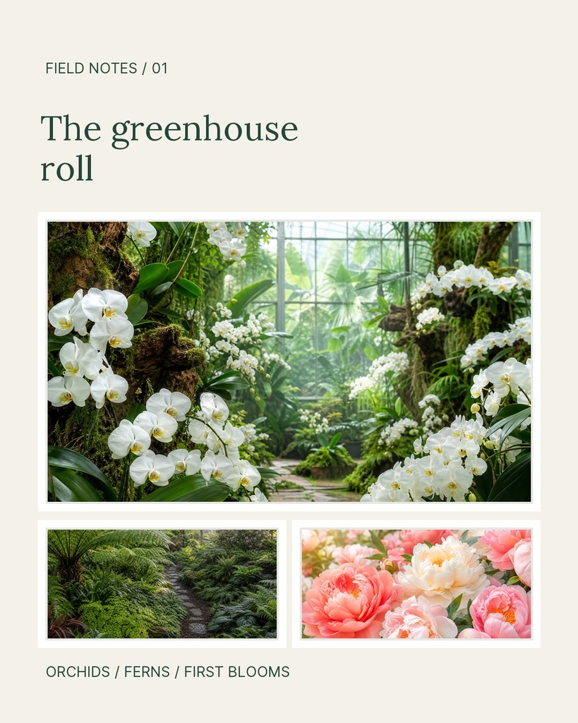 Botanical portrait collage template with orchids, ferns, and pink flowers in a greenhouse layout.