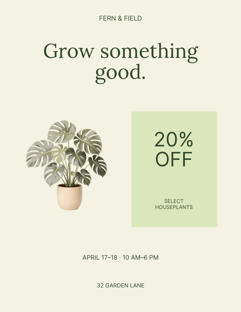 Minimal plant sale flyer with potted houseplant, 20% off box, and garden lane details