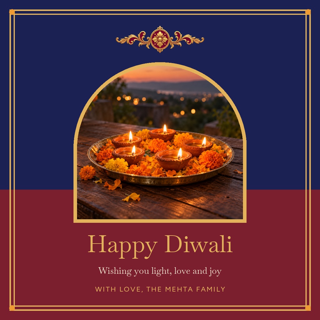 Square Diwali greeting card with candles, marigold flowers, and family message text on a gold and navy background.