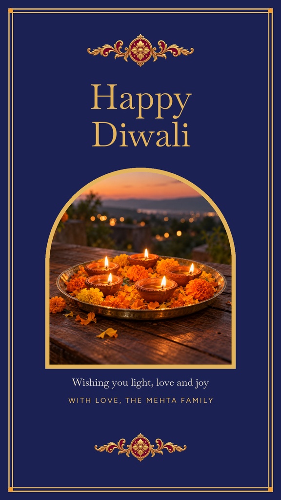 A navy Diwali greeting card with gold borders, diya lights, and a family photo framed in an arch.