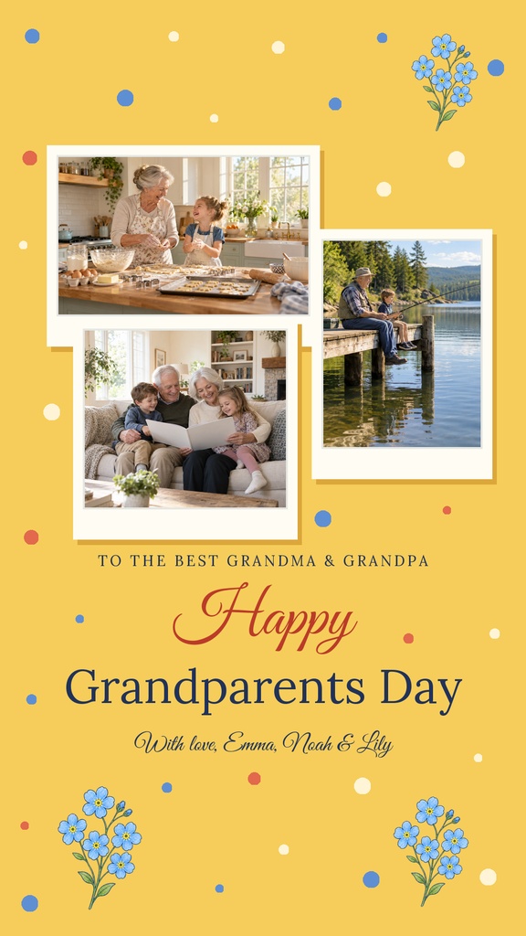 Yellow Instagram story template with three family photos, floral accents, and Happy Grandparents Day text