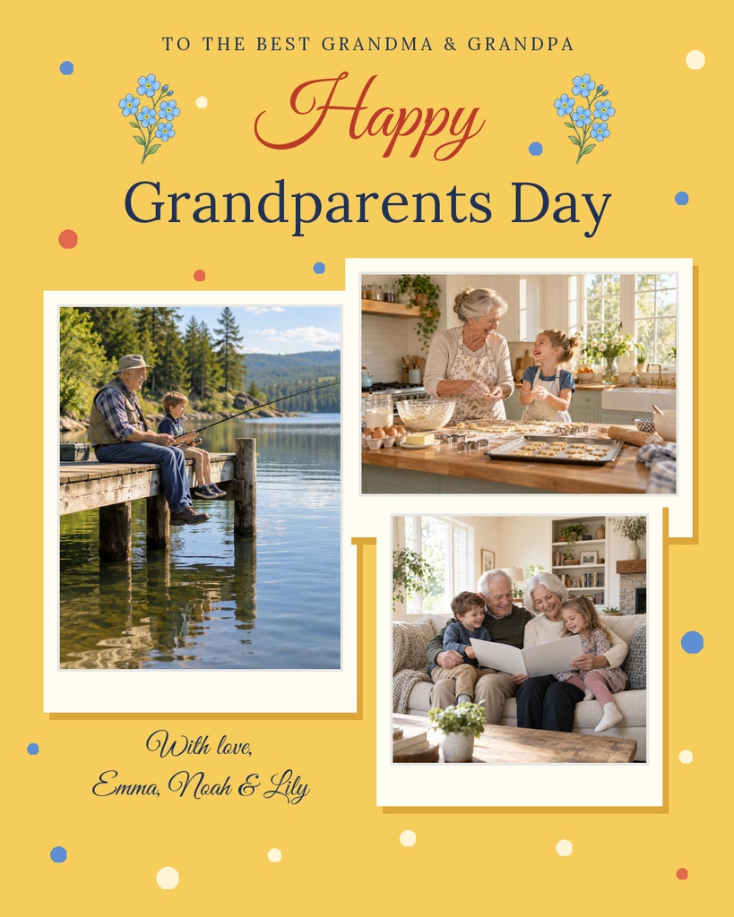 Grandparents Day card with three family photos on a yellow background and handwritten greeting text.