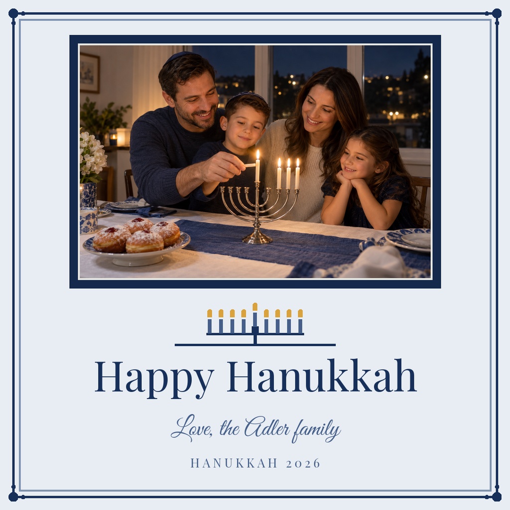 Square Hanukkah card with family photo, menorah, and Happy Hanukkah text