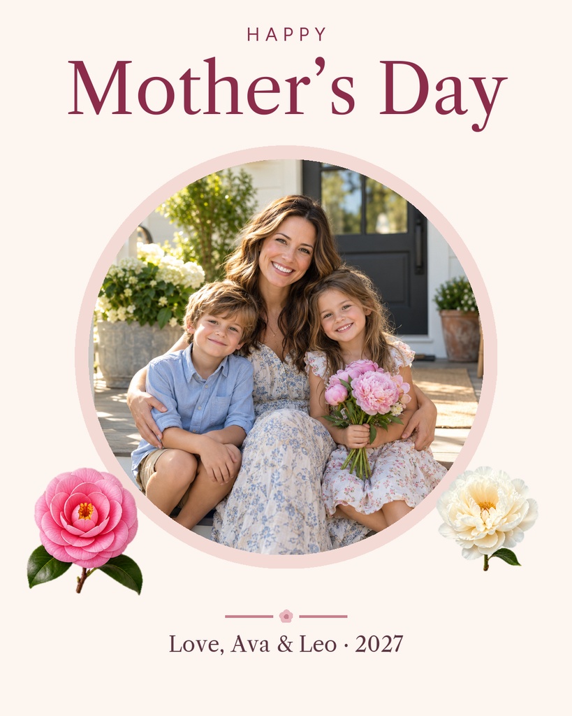 Mother's Day card with a smiling mother and two children in a circular portrait frame