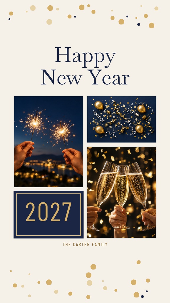 Portrait New Year collage with fireworks, champagne glasses, and gold confetti on a cream background.