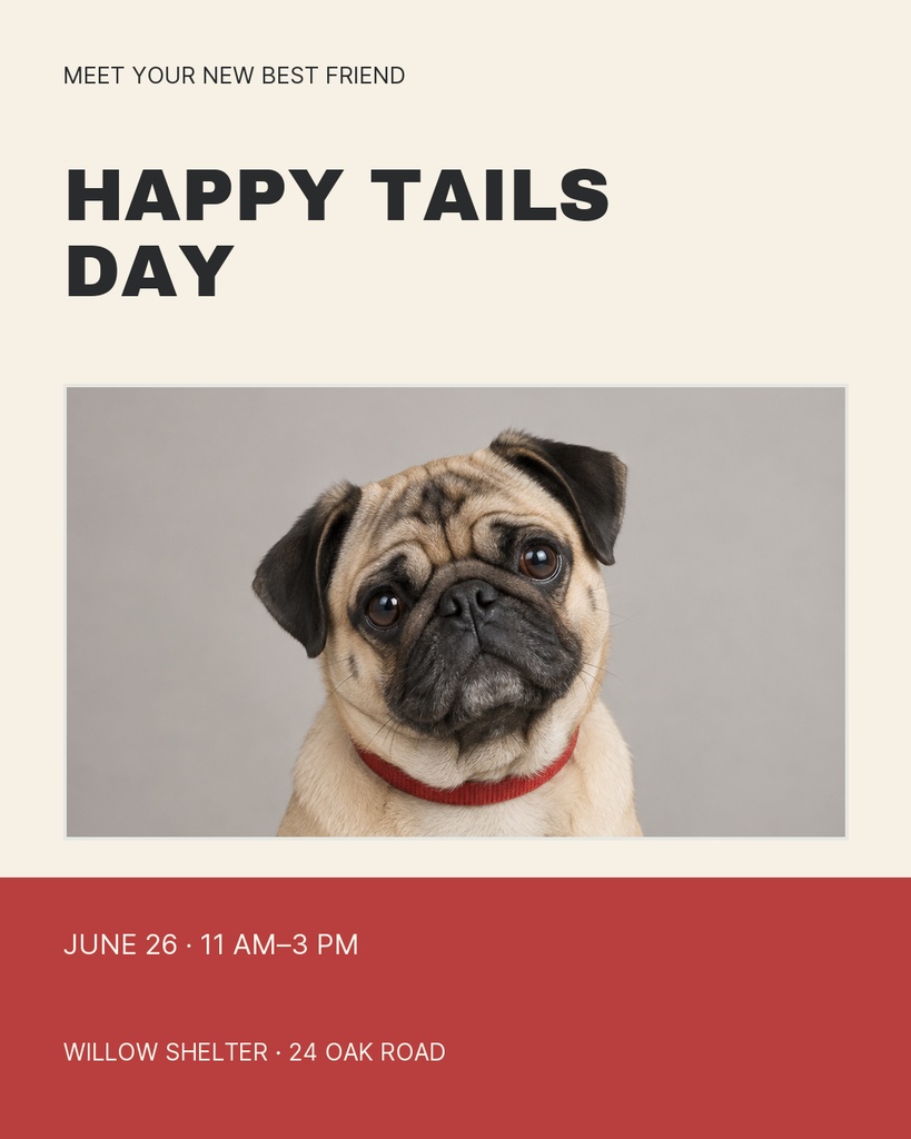 Portrait social post with a pug photo, Happy Tails Day headline, and event details on a red footer.