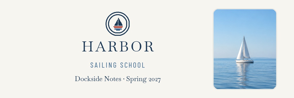 Minimal harbor sailing school header with sailboat icon, text, and a sailboat photo on the right