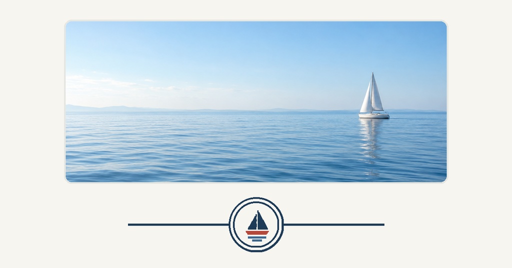 Minimal sailing banner with a calm blue harbor scene, sailboat, and centered nautical logo.
