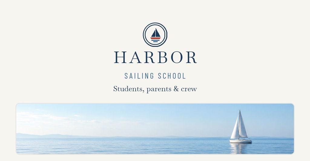 Minimal sailing school cover with harbor logo, sailboat icon, and a sailboat on calm water.