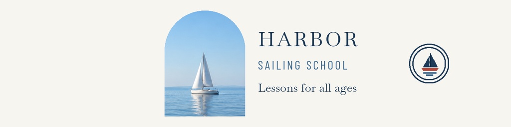 Minimal LinkedIn banner with sailboat, harbor scene, and Harbor Sailing School text.