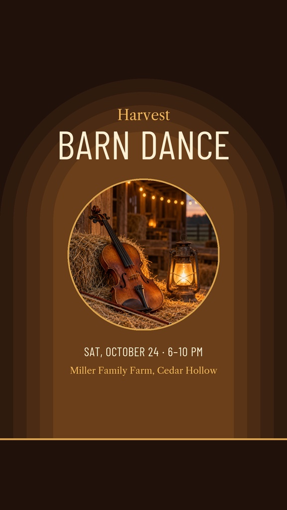 Brown harvest barn dance story template with violin, lantern, and barn doorway image.