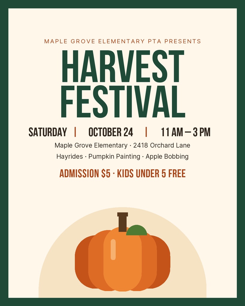 Harvest festival poster with bold title, event details, and a pumpkin illustration.