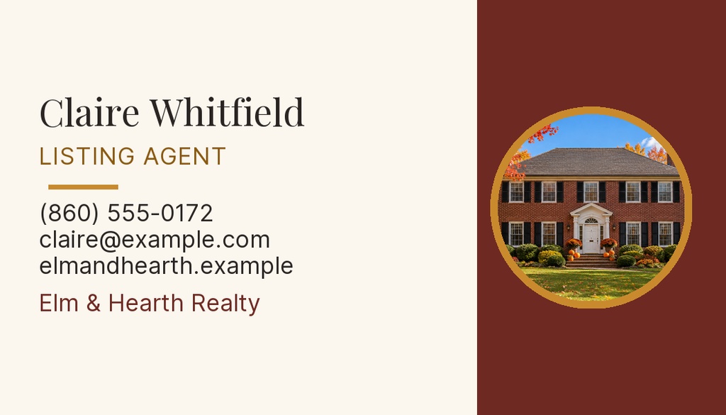 Landscape real estate business card with agent contact details and a circular colonial home photo on a fall-colored background.