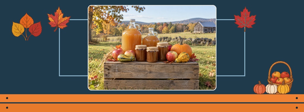 Farm stand display of pumpkins, jars, and apples with autumn leaves on a fall-themed page cover template.