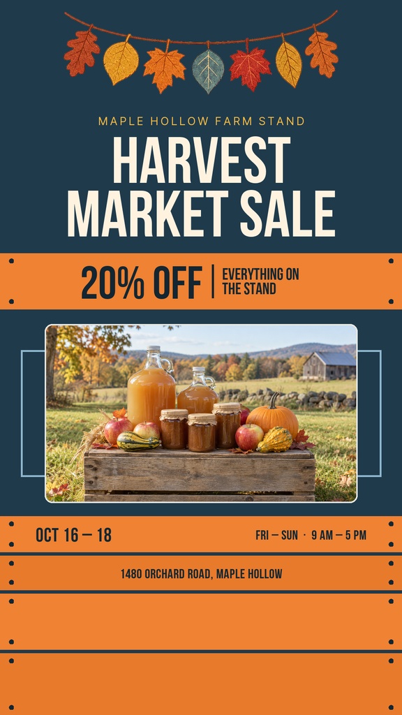 Portrait Instagram story template with fall leaves, harvest market sale text, and farm stand produce photo