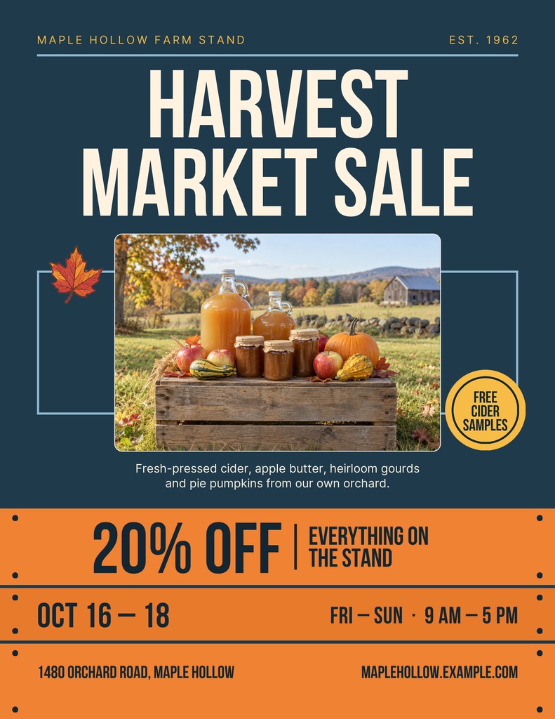Portrait flyer with harvest market sale headline, pumpkins, cider jars, and orange sale details.