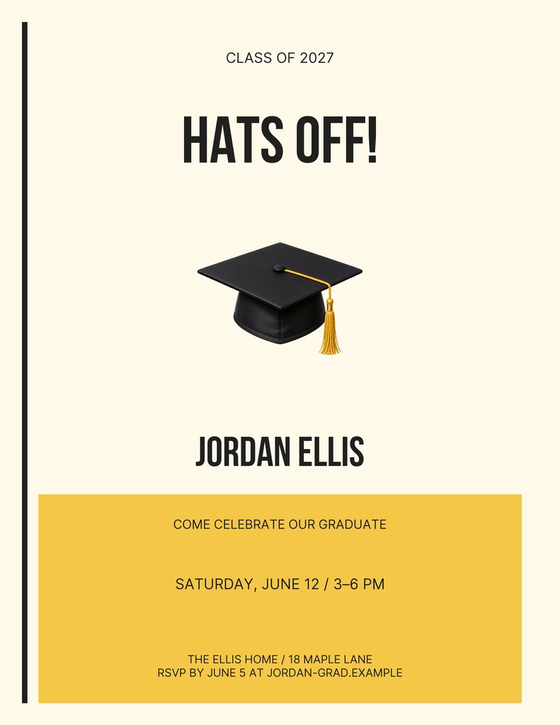 Portrait graduation flyer with a mortarboard, Class of 2027 text, and yellow event details panel