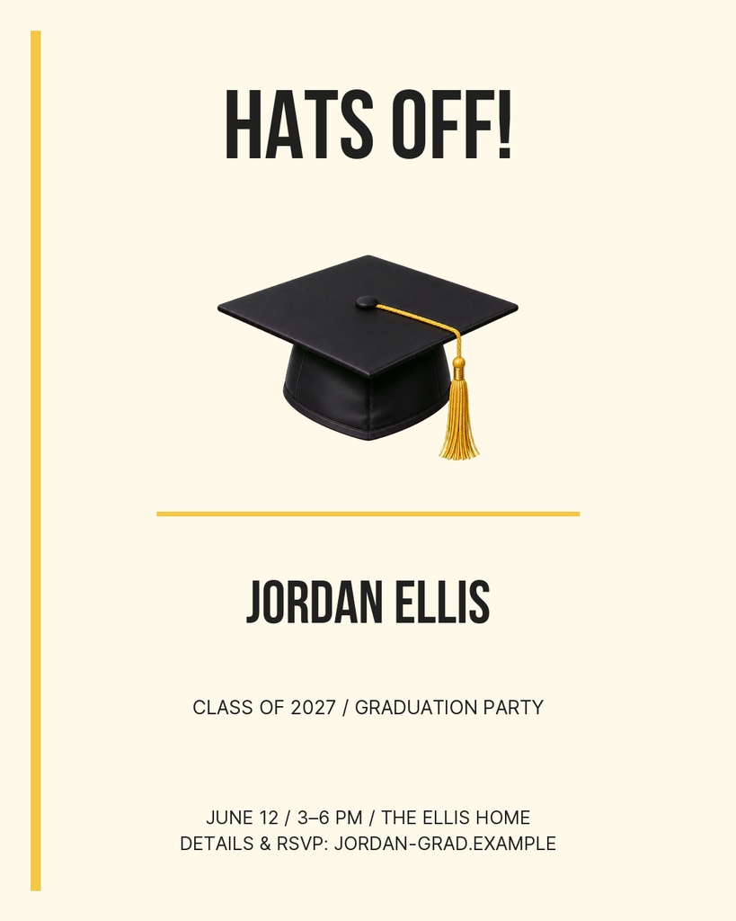Yellow graduation portrait post with a mortarboard, bold Hats Off title, and Jordan Ellis text.