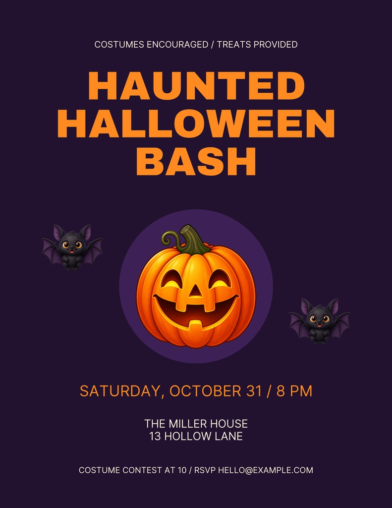 Portrait Halloween flyer with jack-o-lantern, bats, and haunted bash text on dark background