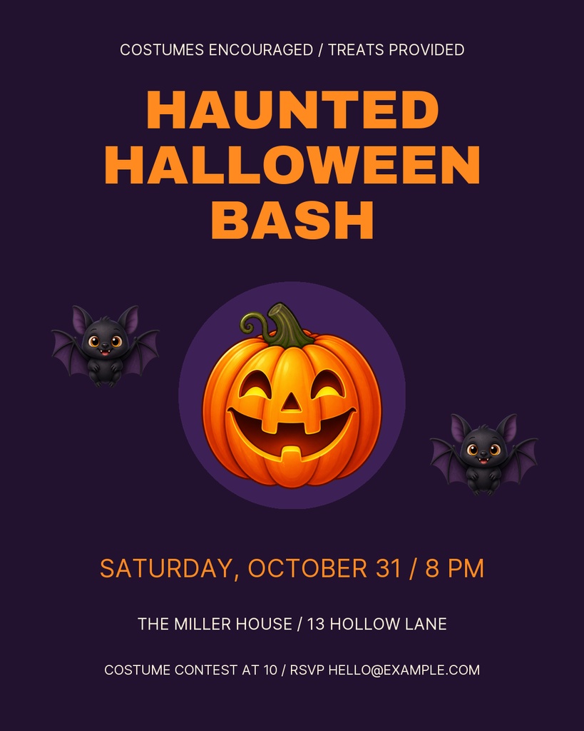 Purple Halloween party post with a jack-o'-lantern and two bats on a dark background.