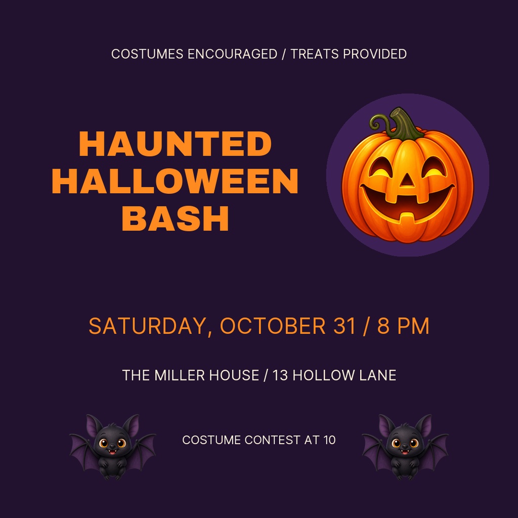 Square Halloween party poster with a jack-o'-lantern, bats, and orange event text on a dark purple background.