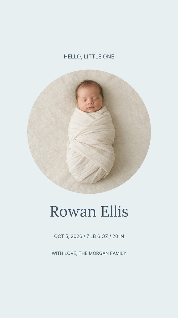 Vertical baby announcement with a swaddled newborn portrait and the name Rowan Ellis.