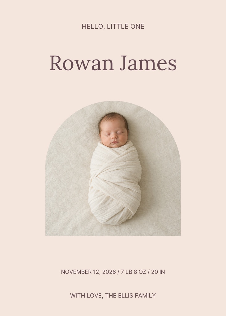 Birth announcement card with the text Hello, Little One and a sleeping swaddled newborn photo.