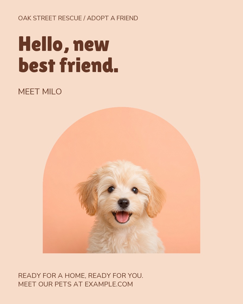 Beige pet adoption post with a smiling puppy in a rounded arch frame and bold greeting text.