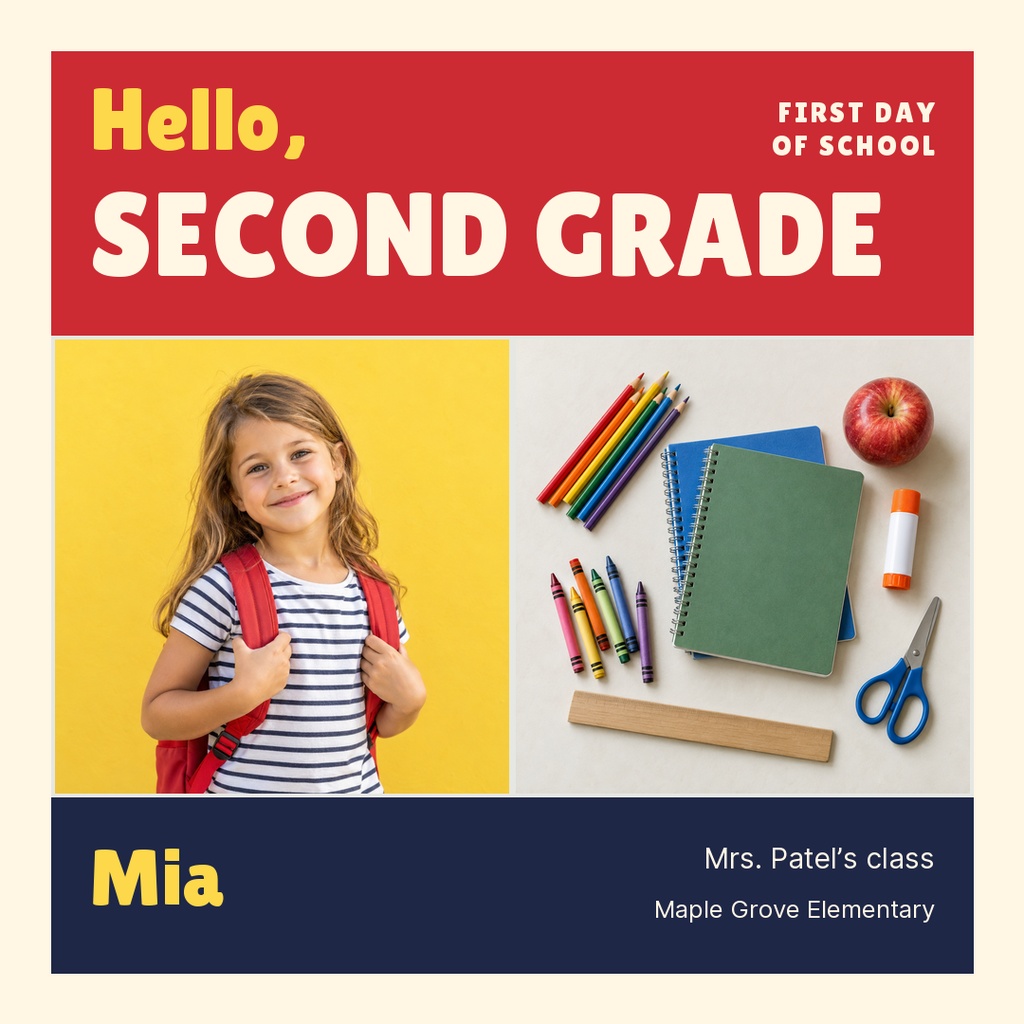 Square back to school post with a smiling girl, school supplies, and bold second grade text.