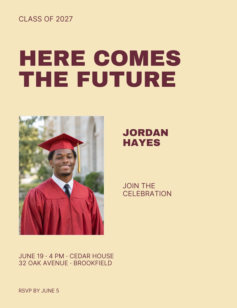 Graduation flyer with a graduate portrait, bold Here Comes the Future headline, and Class of 2027 details.