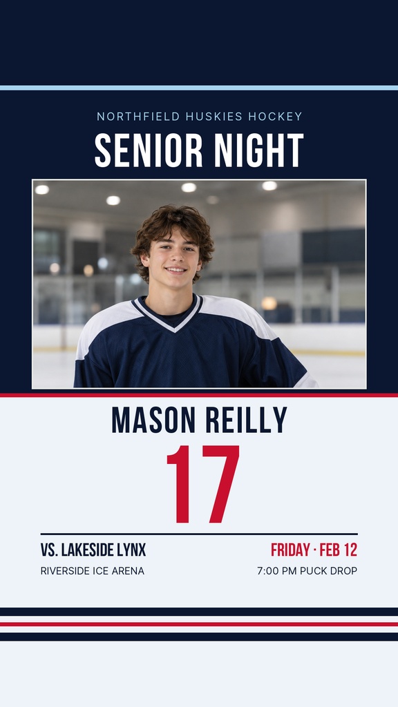 Hockey senior night story template with a player portrait, name, jersey number, and game details