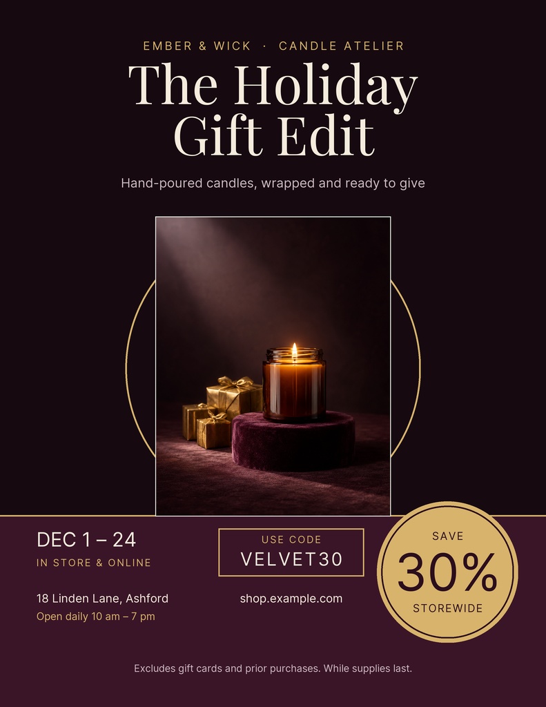 Portrait flyer with a candle, wrapped gift boxes, and a 30 percent off holiday sale badge.