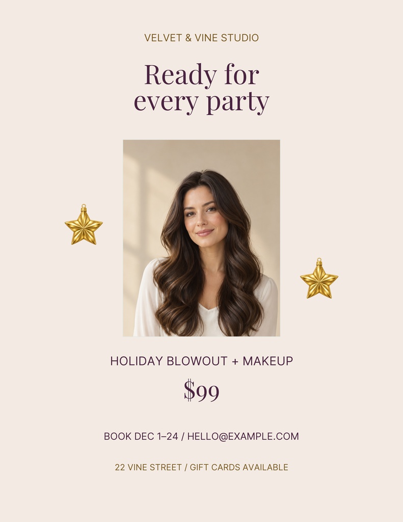 Portrait flyer with a woman’s photo, gold star accents, and holiday blowout and makeup text.
