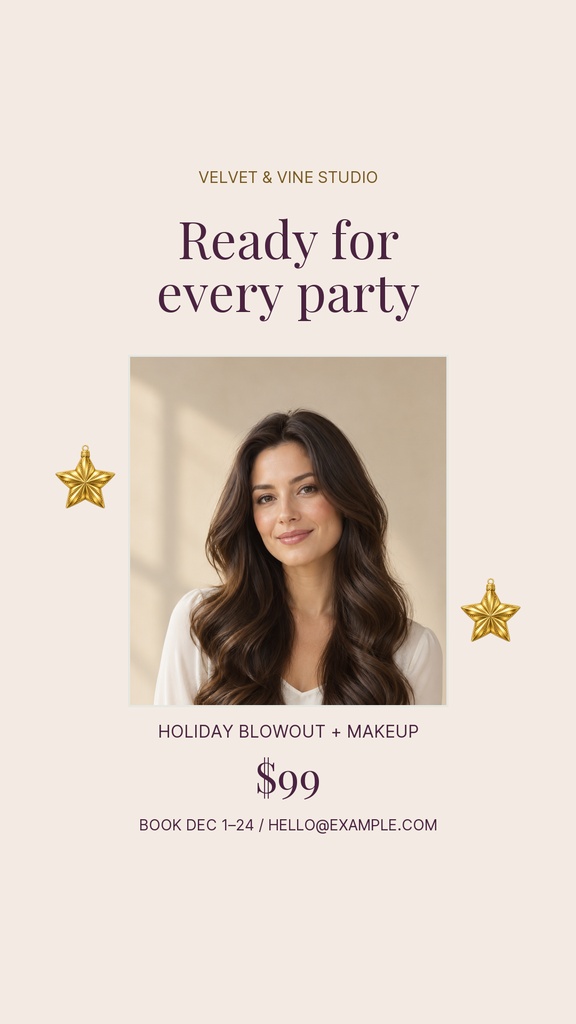 Instagram story template with portrait of a woman, gold star accents, and holiday party promotion text.